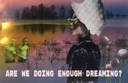 Beautiful collage and mixed media art by Aisha Shillingford. The side profiled of a black woman with a serious but calm face, retro glasses, a black blouse, and a sunhat stands prominent in the foreground. Collaged behind her are puffy round white flowers, and two black children with no shirts. The background is a lake lined with tall trees on the opposite shore. Text on the image reads “are we doing enough dreaming?”