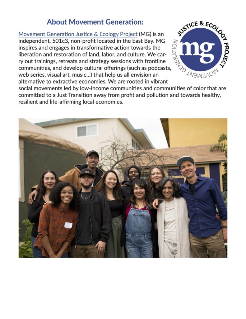 Bio for Movement Generation Justice & Ecology Project, with a photo of a group of Black, Indigenous, people of color posing together. Refer to the text below for the content.